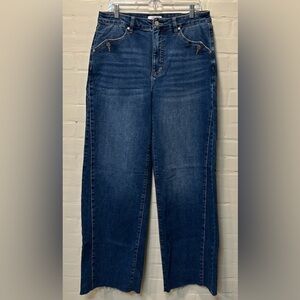 MoCo Boutique High-Rise Straight Wide Leg Jeans Raw Hem Cropped Denim Size 15/32